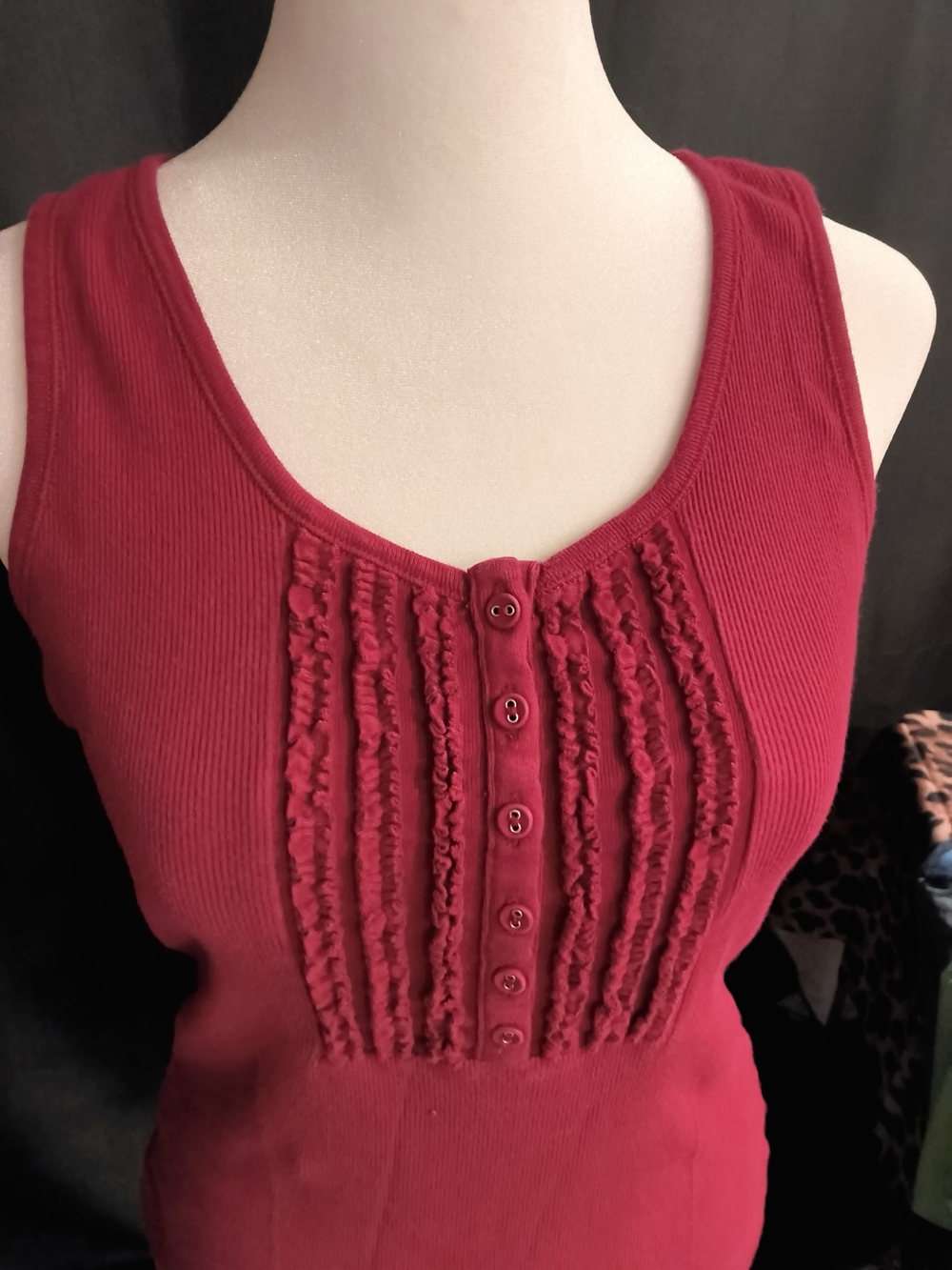 Sleeveless Ruffle-Trim Button Tank Top - Deep Berry - Picture 2 of 6